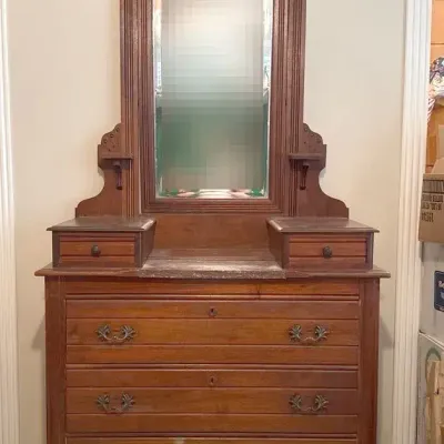 Antique Victorian Walnut Marble Top Dresser w/Swivel Mirror & Side Handkerchief Drawers