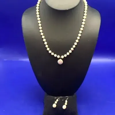Pearl Necklace With Earrings (Clasp Has 925 Marking. Earrings Are Not Marked. Pearls Not Tested)