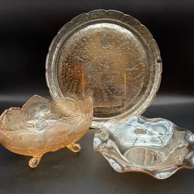 1950s Jeanette Glass Floragold Louisa Serving Platter and Fluted Bowl, Lombardi Footed Compote Bowl 