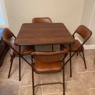 Vintage Brown Vinyl-Top Folding Card Table & 4 Brown Vinyl Padded Folding Chairs