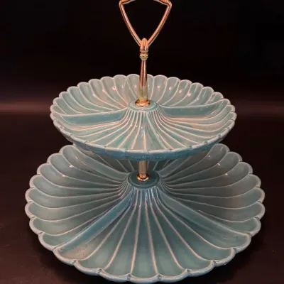 Vintage MCM 2 Tier Turquoise Glaze Ceramic California Pottery Server, Marked 3658 On Bottom