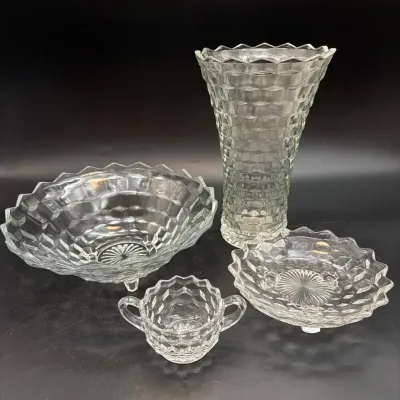 Vintage Fostoria American Cut Glass Large Vase, Footed Bowls, & Two Handled Sugar Bowl