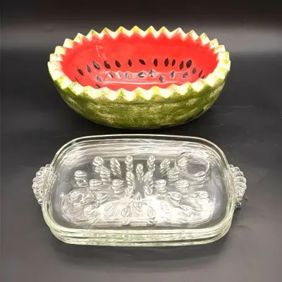 Vintage 1950s Hazel Atlas Tear Drop Glass Luncheon Plates (4) and Ceramic Watermelon Serving Bowl