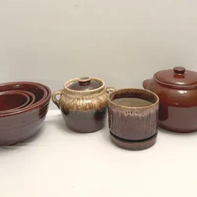 Vintage Brown Glazed Nesting Bowls, Crocks & Flower Pot