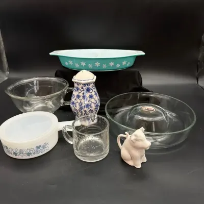 Pyrex Patisserie Bowl, Turquoise Snowflake Divided Oval,  Measuring Cups, Cow Creamer, Floral Shaker
