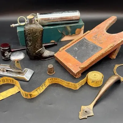Vintage Boot jack, Stapler, Weight Tape, Door Handle, 4H Gavel, Boot Cologne Bottle, Thimble