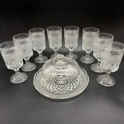 Vintage Anchor Hocking Wexford Diamond Cut Glass Small Dome Covered Plate and 8 Wine Glasses