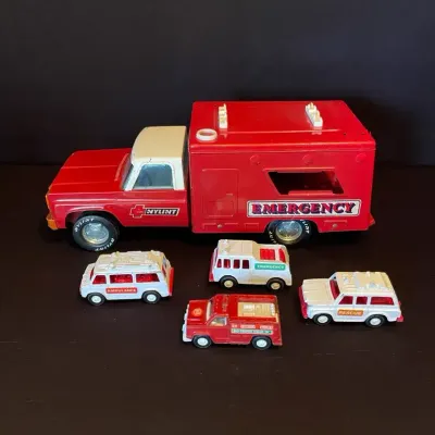 Vintage 1970s NYLINT Rescue Emergency Ambulance Truck & Tootsietoy Rescue Vehicles (Lot Of 4)