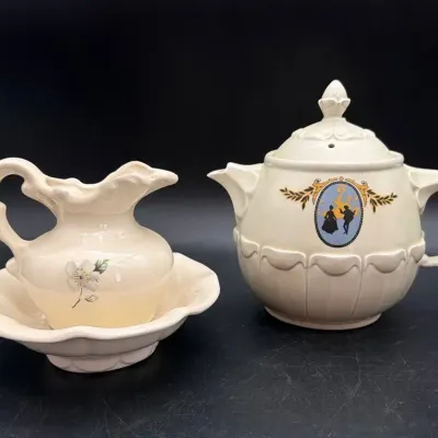 Vintage Cinderella Drip-O-Lator Ceramic Enterprise Aluminum Teapot & McCoy White Pitcher/Wash Basin