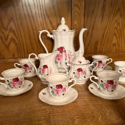 Vintage Rose Crystal Clear Tea Set, Teapot, Creamer, Sugar, 6 Cup And Saucers