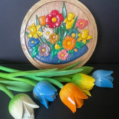  Mid-Century Modern Kitsch Flower Plaque, Wooden Tulips With Plant Mister