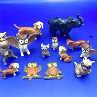 Vintage Small Porcelain Animal Figurines: owl dog raccoon elephant SEE PHOTOS
