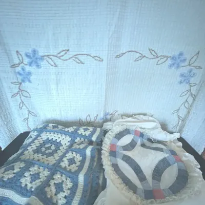 Vintage Bedcover, Crocheted Afghan And Two Pillowcases