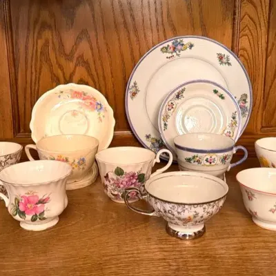 Vintage Teacups with Two Saucers, Plate And Two Stands