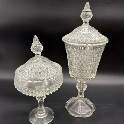 Vintage Pair Of Indiana Glass Diamond Point Lidded Jars