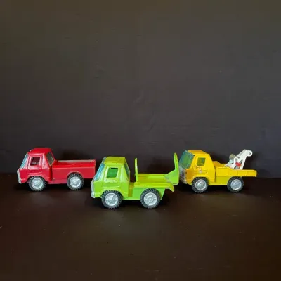 Vintage 1970s Bandai Line B.O.S. Tow Truck & Trucks, Pressed Steel (Lot Of 3)