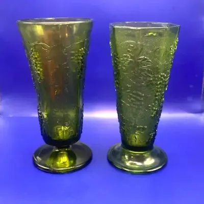 Vintage Green Avocado Green Vases Likely Indiana Glass Company With Grape Motif