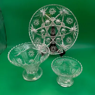 Vintage Anchor Hocking Crystal Cut “Star Of David” Platter with Large and Small Footed Compotes 