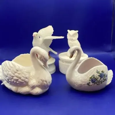 Ceramic Swans, Owl Trinket Box, And Music Box