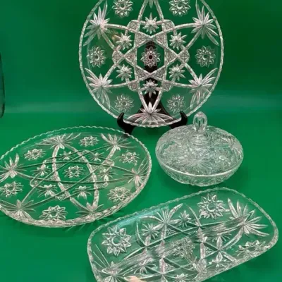1960s Anchor Hocking Crystal Glass “Star Of David” Platters, Covered Candy Dish, Relish Tray (#2)