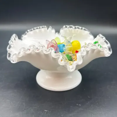 Vintage Fenton Silver Crest White Milk Glass Candy Dish/Compote Bowl & Murano Style Glass Candies