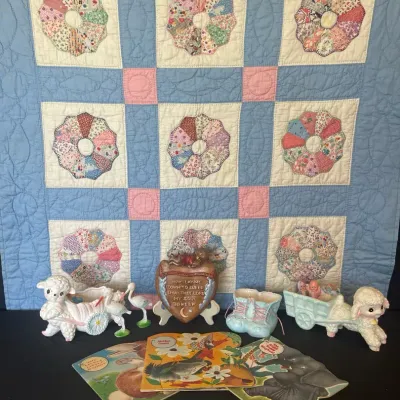 Hand Quilted Baby Blanket, Die-Cut Books, Lamb Planters