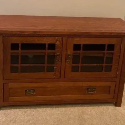 Mission-style (or Craftsman) solid oak TV stand/media console cabinet.