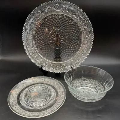 Vintage Hasegawa Highly Patterned Elizabeth Cut Glass Platter, Plate and Bowl