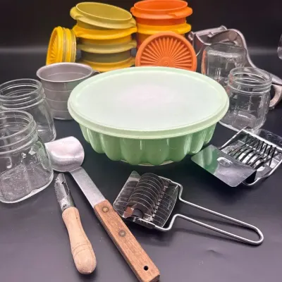 Vintage Tupperware Containers And Jello Mold, Wear-ever Cast Aluminum Manual Citrus Juicer