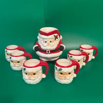 Vintage Ceramic Santa Pitcher And 6 Vintage Santa Mugs