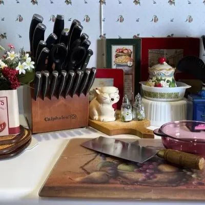 Vintage Farmhouse Kitchenware & Calphalon Knife Block Mega Lot