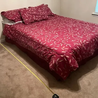 Queen Mattress, Box Spring, and Metal Bed Frame Set With Burgundy Bedding Set