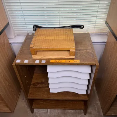 Vintage Wooden Office Organizer Cabinet with Trays & Heavy-Duty Paper Cutter