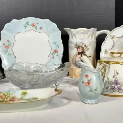 Antique Victorian & Art Nouveau Fine Porcelain Lot - Portrait Pitcher, Teapot, Serving Plates & Deco