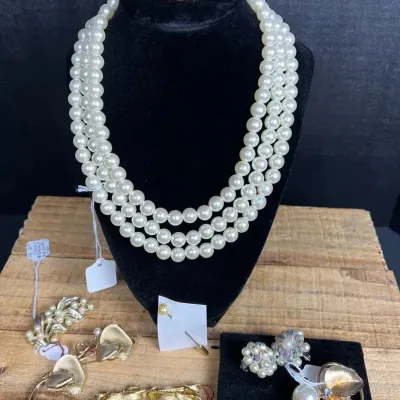 Vintage Faux Pearl & Gold-Tone Jewelry Lot - Trifari, 3-Strand Necklace, 7 Pcs