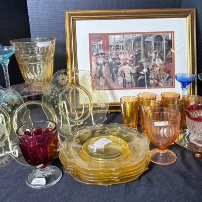 Lancaster Jubilee Plates, Carnival Glass Cups