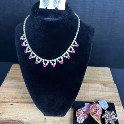 Vintage Pink Rhinestone Jewelry Lot - Necklace, Earrings & 3 Brooches