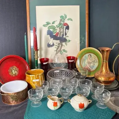 Woodpecker Print, Mid-Century Copper Pitcher, Tulip Porcelain Creamer & Sug