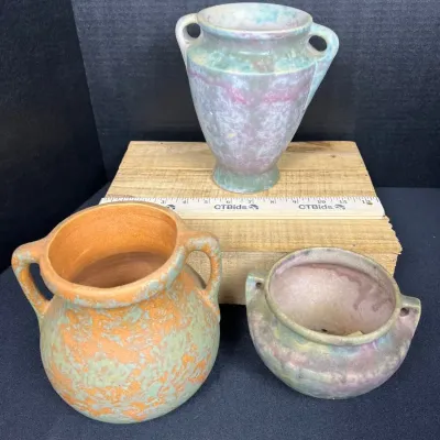 Lot of 3 Vintage Burley Winter Art Pottery - 1930s Matte Mottled Vases & Planter Bowl