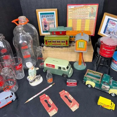 Vintage Sealtest Dairy & Toy Train Collectibles Lot - Milk Bottles, Trucks, & Signs