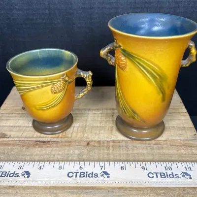 Vintage 1941 Roseville Pinecone Pottery 2-Piece Vase & Mug Lot - Matte Gold & Blue Gradient