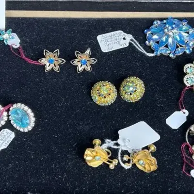 Vintage Rhinestone & Costume Jewelry Tray Lot - Brooches & Earrings, 12 Pcs