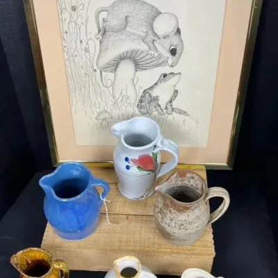 Vintage Studio Pottery Lot: 8 Assorted Miniature Jugs, Creamers, & Framed Whimsical Mouse Print