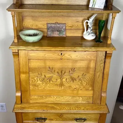 Antique Carved Pine Secretary Desk - Drop-Front Bureau with Hutch