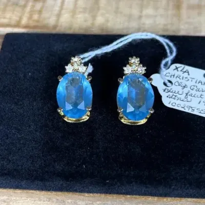 Vintage Christian Dior Signed Blue Glass Cabochon Rhinestone Clip-On Earrings