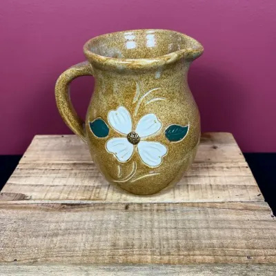 Cleater & Billie Meaders Signed Dogwood Motif Folk Art Pottery Pitcher 1994