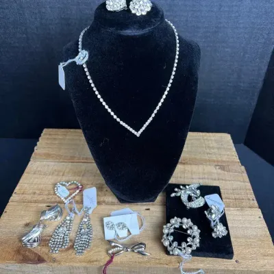 Vintage Rhinestone & Silver-Tone Jewelry Lot - V-Necklace, Brooches, 9 Pcs