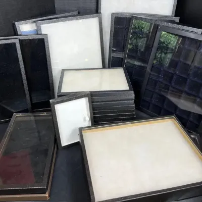 Jewelry Display Cases & Glass Top Riker Trays Lot - Black Velvet & Foam, 22 Pcs