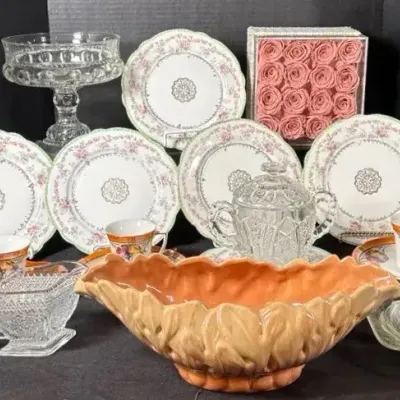 Dainty Pink Rose Vintage Porcelain & Early American Pattern Glass 