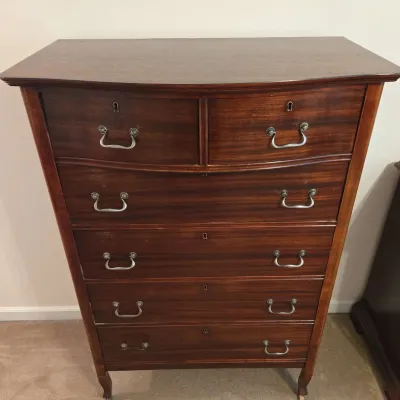 Vintage 6-Drawer Dark Wood Tallboy Dresser with Casters